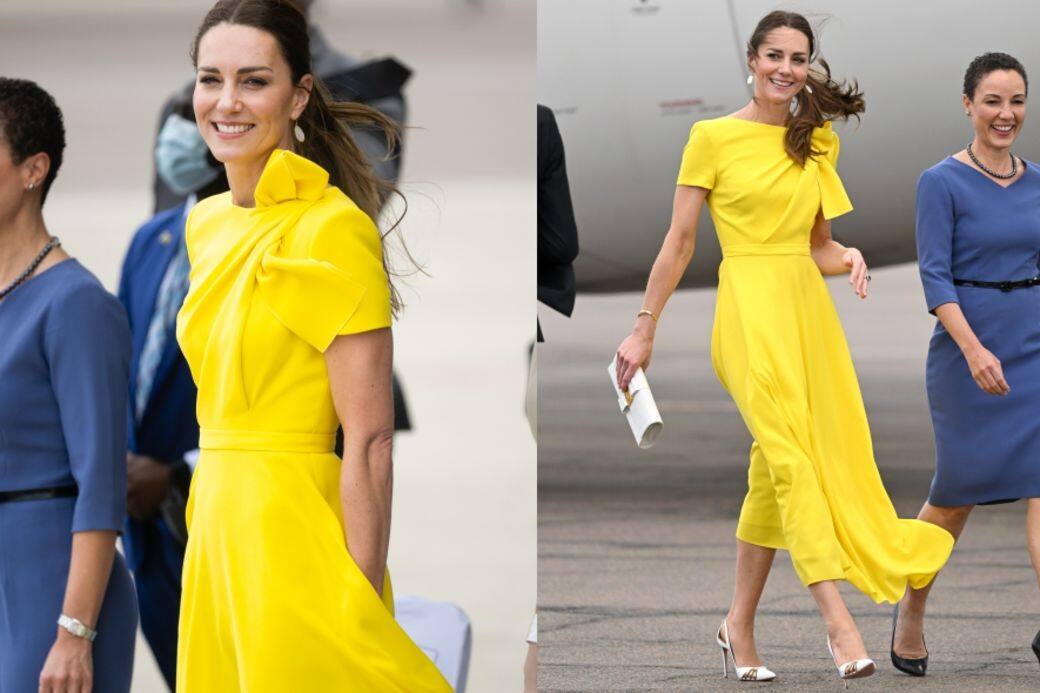 在抵達牙買加時，凱特穿上與牙買加國旗相稱的黃色連身裙。裙裝來自品