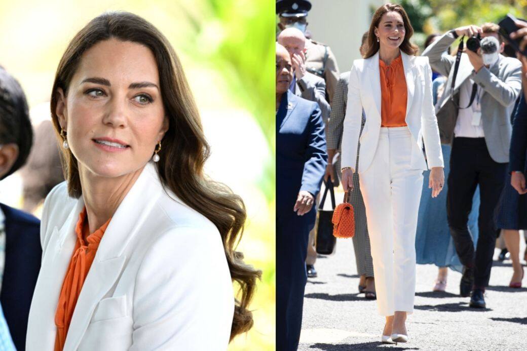 凱特穿上Alexander McQueen的白色西裝長褲，配上英國平價品牌Ridley London的橙色襯衫，搭配