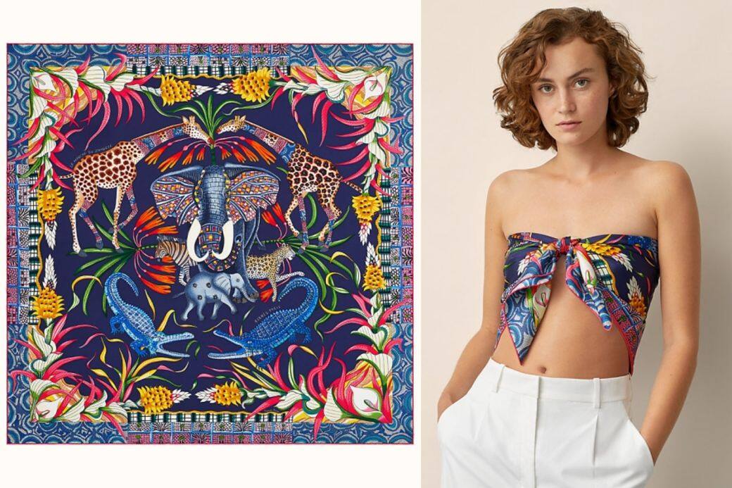 混色圖案大絲巾 （$9,300 Hermès）尺寸: 140 x 140 cm含70%cashmere 成分的方形超大尺寸絲