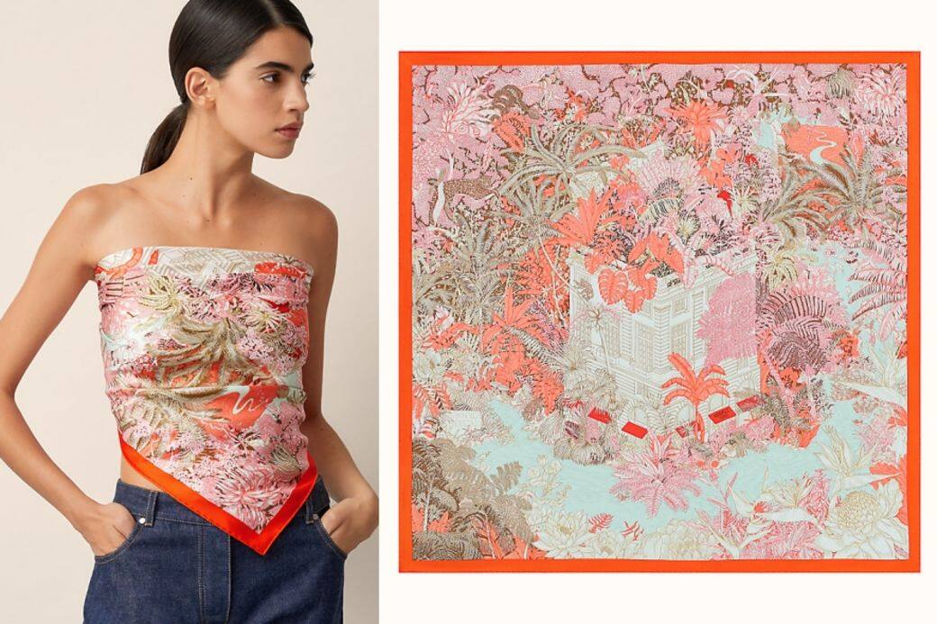 混色圖案絲巾($3,800 Hermès)尺寸: 90 x 90 CM嫌胸衣綁法過於性感?Hermès的 90 X 混色圖案絲巾($3,800 Hermès)尺寸: 90 x 90 CM嫌胸衣綁法過於性感?Hermès的 90 X