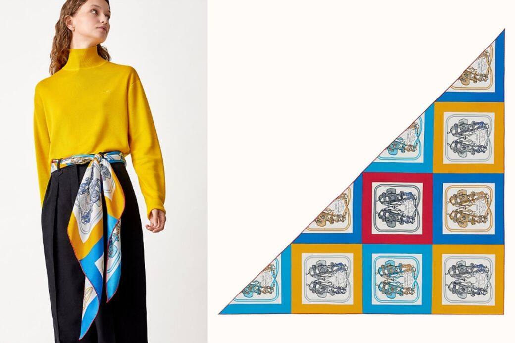 混色圖案絲巾($3,800 Hermès)尺寸: 90 x 90 CM嫌胸衣綁法過於性感?Hermès的 90 X 混色圖案絲巾($3,800 Hermès)尺寸: 90 x 90 CM嫌胸衣綁法過於性感?Hermès的 90 X