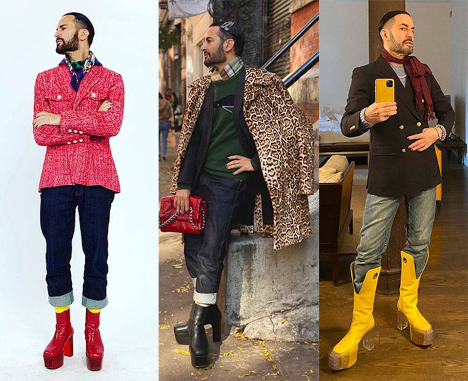 2019後半年，Marc Jacobs穿上不同的厚底高跟靴子，絲巾、珍珠鏈及牛仔褲是他指定