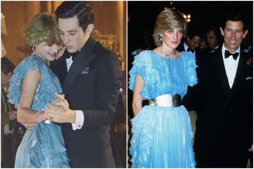 戴妃身上穿Bruce Oldfield禮服和查理斯王子在晚宴中跳舞，這一畫面也被《王冠》神