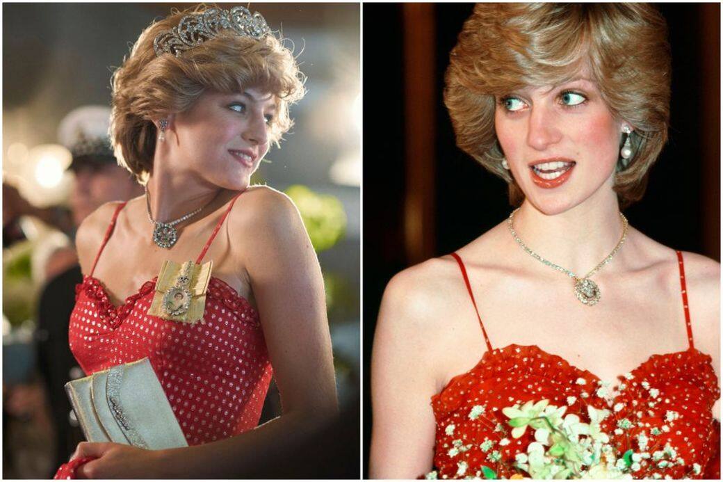 1982年戴妃前往皇家歌劇院，身穿Bellville Sassoon紅色細肩帶連身裙，胸前就是大名鼎