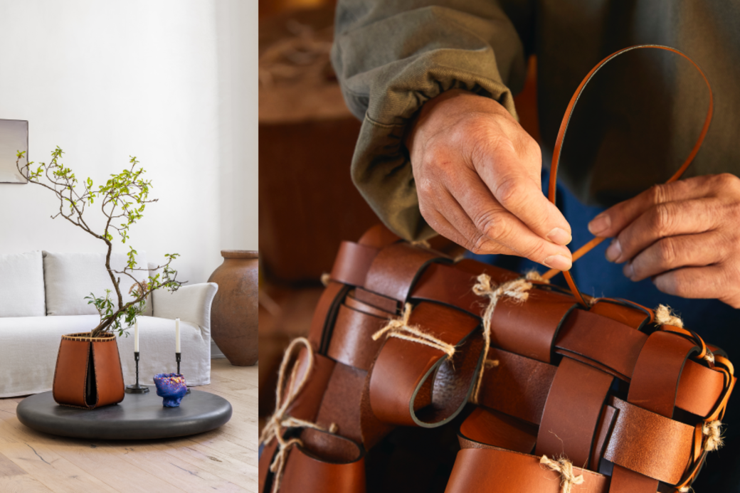 日本竹籃工藝大師Jiro Yonezawa,以Loewe皮革進行這次Loewe Baskets 創作。 日本竹籃工藝大師Jiro Yonezawa,以Loewe皮革進行這次Loewe Baskets 創作。