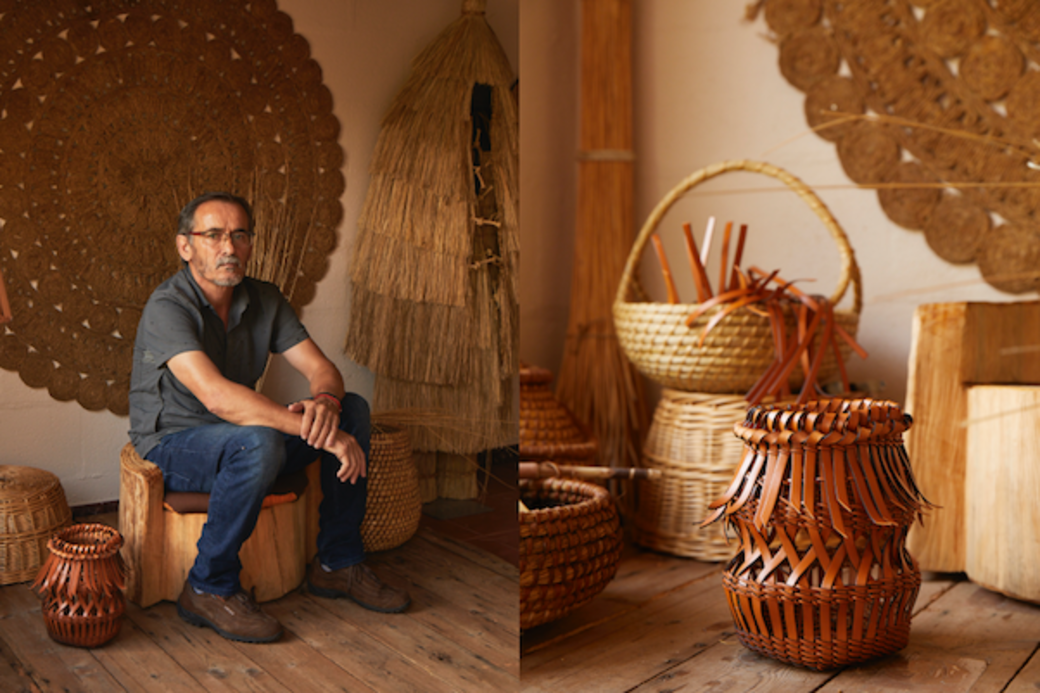 西班牙工匠Álvaro Leiro多年來以蘆葦及天然纖維編織精緻籃子，這次首回以皮