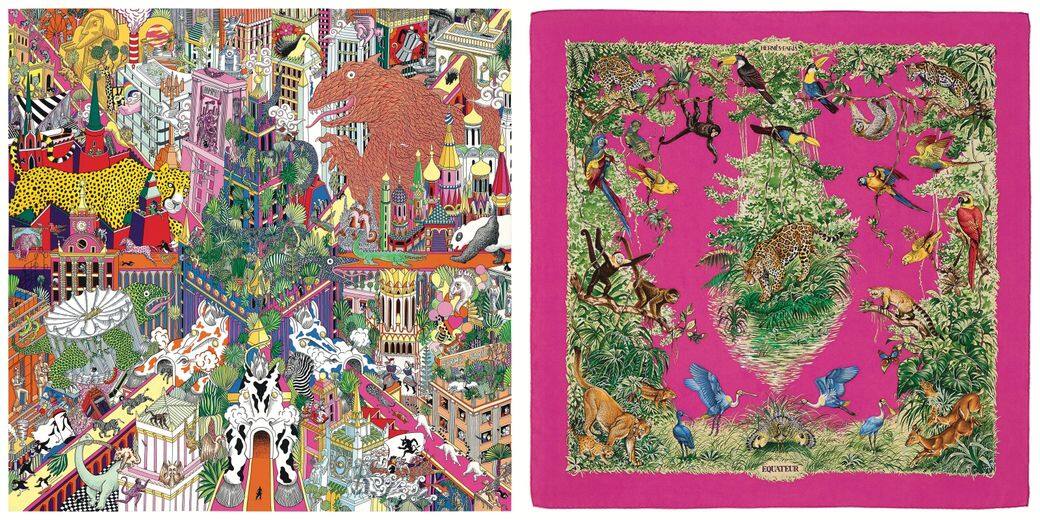 左：ANIMAPOLIS 90厘米斜織絲巾Animapolis 圖案是波蘭年輕插畫家Jan Bajtlik 創造的幻想城市，以