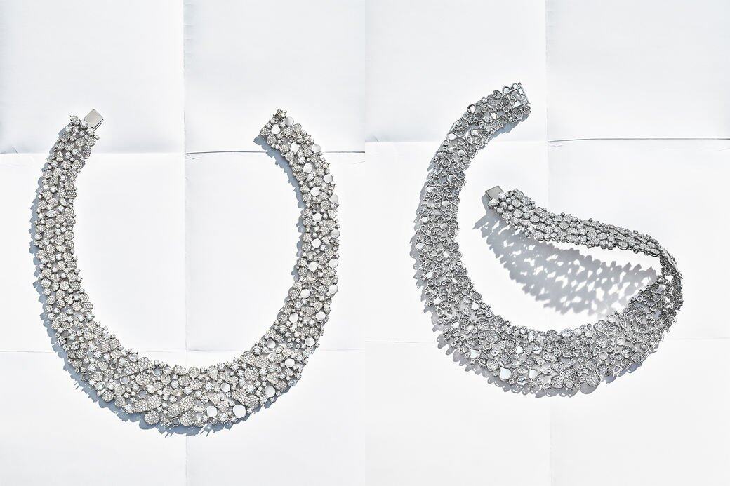 圍脖式項鏈的手工複雜而細膩，是Tiffany珠寶工藝的結晶，不規則的鳶尾花瓣