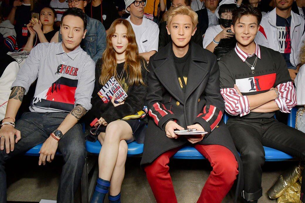 （左起）王陽明、太妍、朴燦烈與張銘恩等年輕偶像也是時裝騷的座上客。