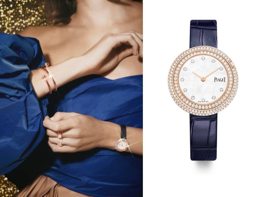 腕錶的雙鑲鑽旋轉表圈正是它的特點，並採用18K玫瑰金錶殼，錶盤上飾