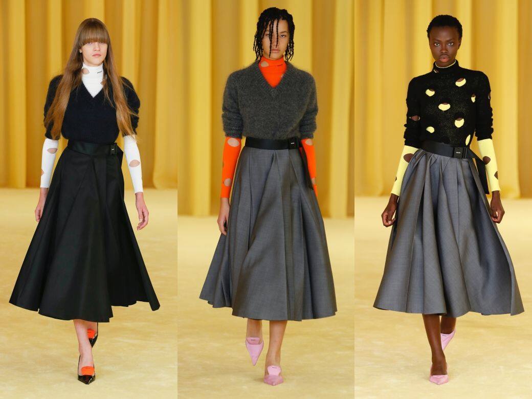 以Miuccia Prada的日常打扮為靈感，今季系列包羅多款A-line半截裙，配搭V領或樽