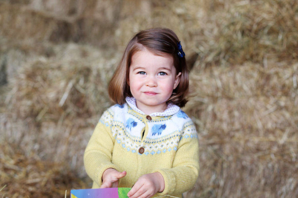 2017年4月 夏洛特公主兩歲她身穿The John Lewis淡黃拼藍色毛衣，而且夾上深藍
