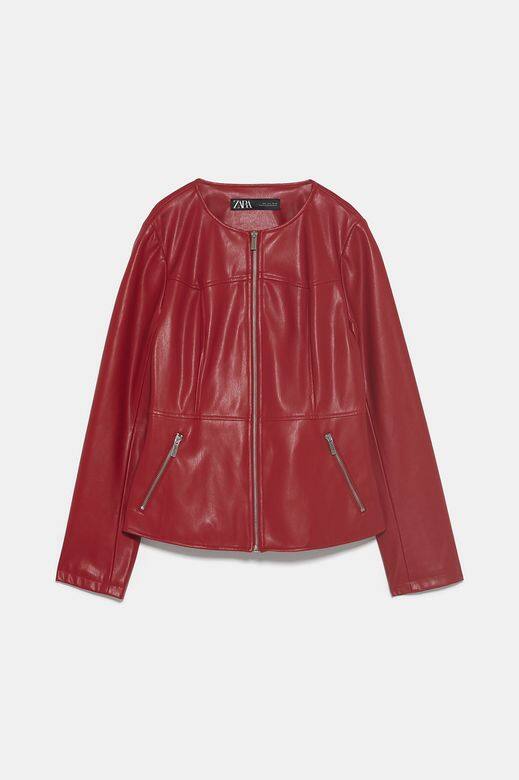 紅色仿皮夾克 ZaraHKD$359正因仿皮的保暖程度不夠真皮好，正正如此，其更可穿