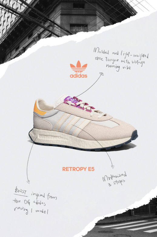 Adidas Originals Retropy E5鞋身以70年代經典鞋款Racing 1為基礎南本,鞋面改用尼龍和麂 Adidas Originals Retropy E5鞋身以70年代經典鞋款Racing 1為基礎南本,鞋面改用尼龍和麂