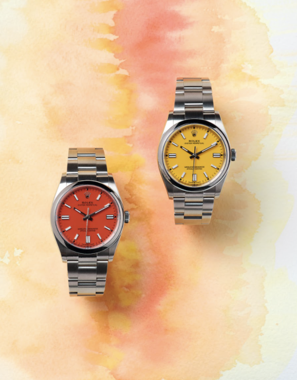 左至右: Oyster Perpetual 36腕錶，蠔式鋼，珊瑚紅色錶面 Oyster Perpetual 36 腕錶，蠔式鋼，黃色錶面 Both