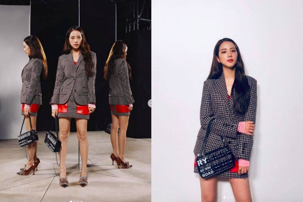 韓國女團Blackpink成員Jisoo穿上的Burberry格子套裝,以紅色袋口作為亮點。(IG @sooyaaa__) 韓國女團Blackpink成員Jisoo穿上的Burberry格子套裝,以紅色袋口作為亮點。(IG @sooyaaa__)