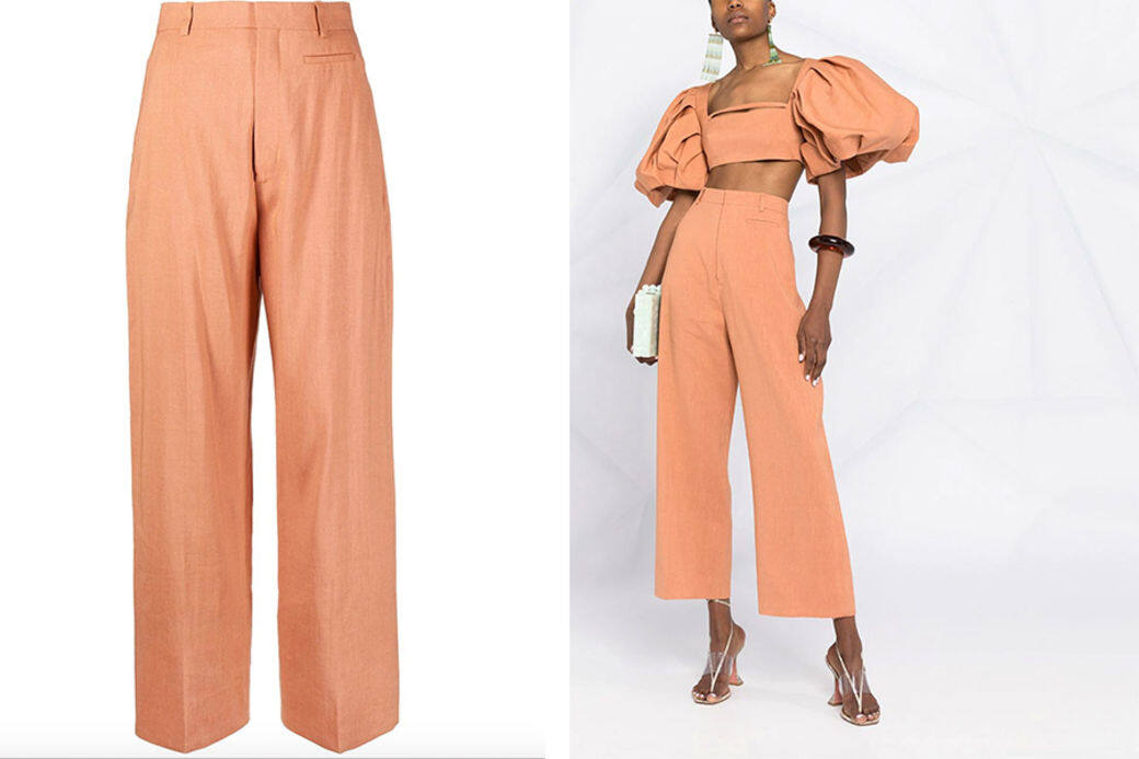 春夏不妨讓鮮艷色彩包圍自己，挑選一條橙色高腰直腳褲吧。褲子有兩個