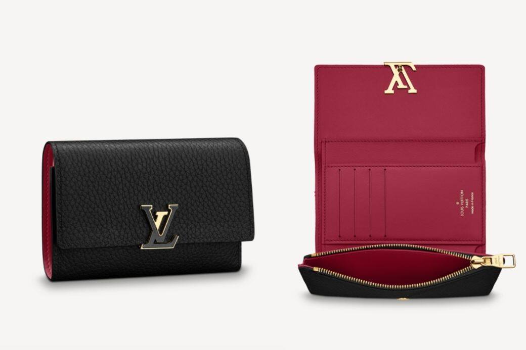 雙色設計的Louis Vuitton Capucines短銀包是大方耐用之選，以LV金屬釦作開關，三摺式設
