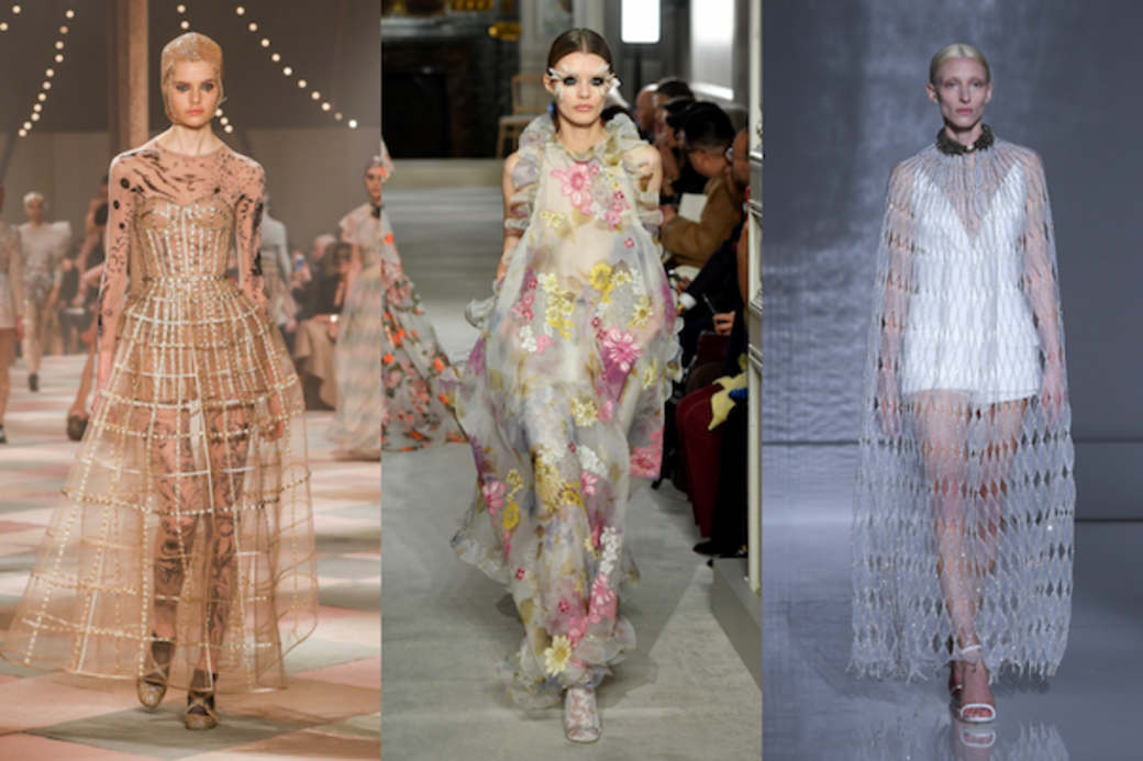 Dior今季在刺青圖案緊身衣外穿上透視傘裙；Givenchy 在短裙外披上透視網狀斗篷