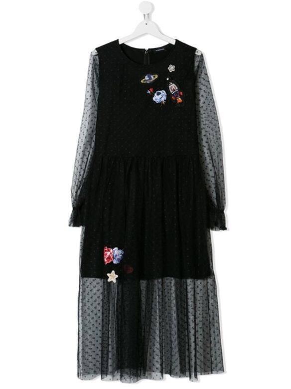 Monnalisa太空圖案刺繡黑色波點雪紡裙@farfetch.com $2,428