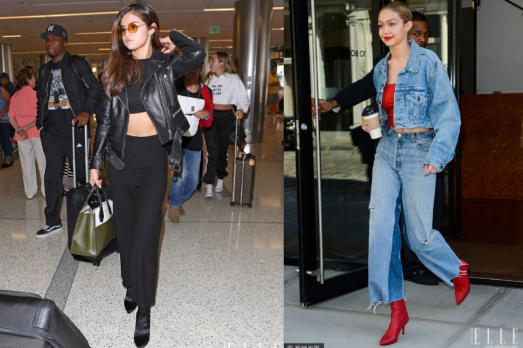 除了Gigi，Selena Gomez也愛長濶褲+短靴+短上衣，還加上同色系外套，穿搭方式盡顯美