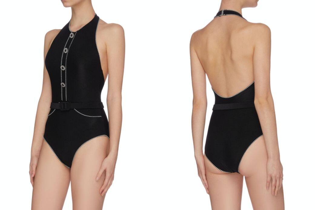 怕低胸泳衣太性感的，可以選擇留前鬥後的掛頸款，這款黑色泳衣細節位