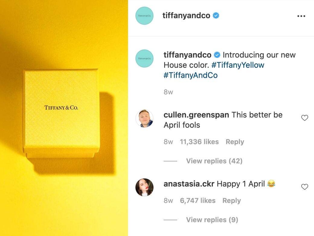 回顧今年四月份的惡作劇,Tiffany & Co.突然無預警下在官方IG貼出一張黃色Tiffany 回顧今年四月份的惡作劇,Tiffany & Co.突然無預警下在官方IG貼出一張黃色Tiffany