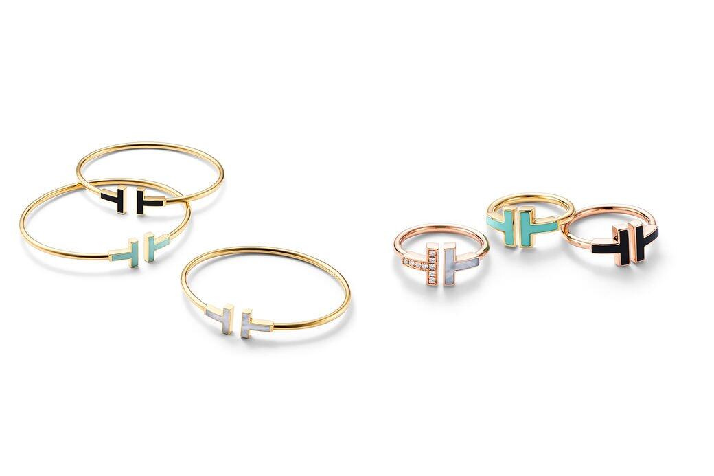 Tiffany T Colors的指環與手鐲採用相同的開口式設計，兩端的「T」字綴以不同色彩