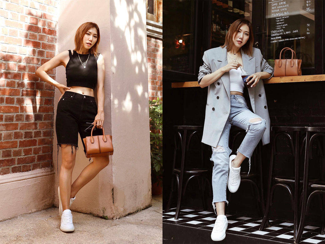 時尚造型師Faye Tsui以啡色Holly手袋與一雙Tod's白色運動鞋襯出兩個截然不