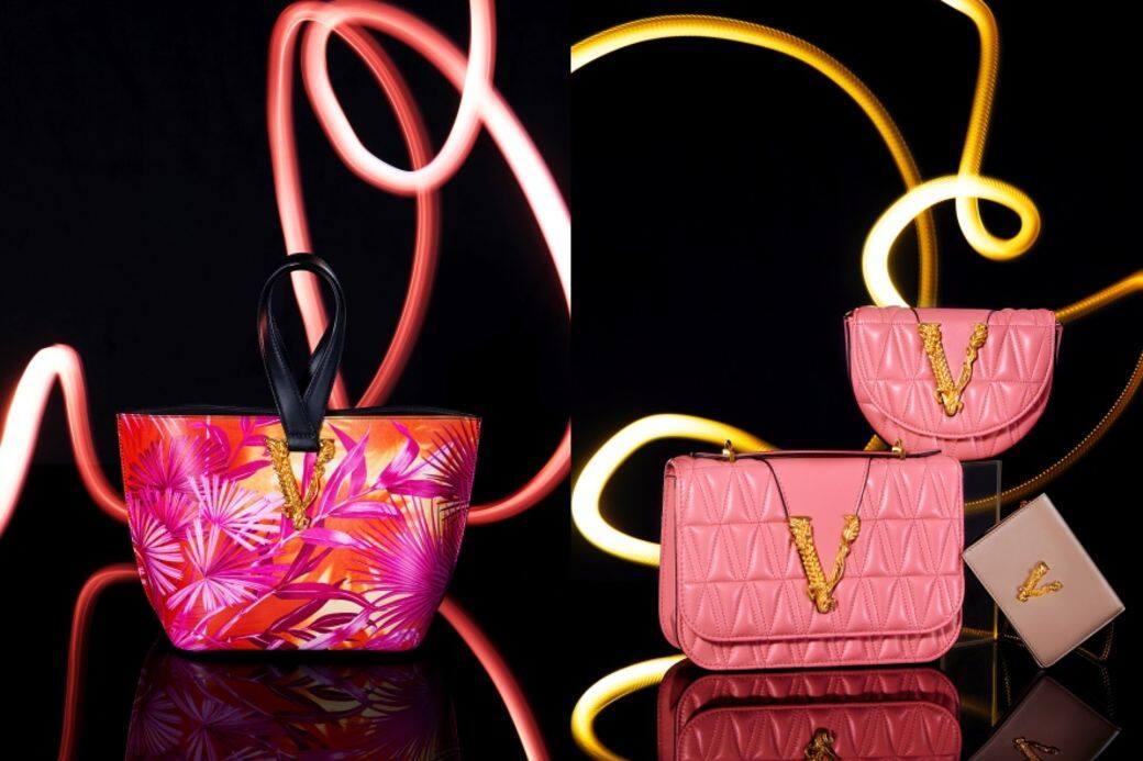 (左)Virtus Jungle叢林印花圖案皮革手袋 (Versace)(右)Virtus粉紅色V字釦飾絎縫皮革腰包 $9 (左)Virtus Jungle叢林印花圖案皮革手袋 (Versace)(右)Virtus粉紅色V字釦飾絎縫皮革腰包 $9