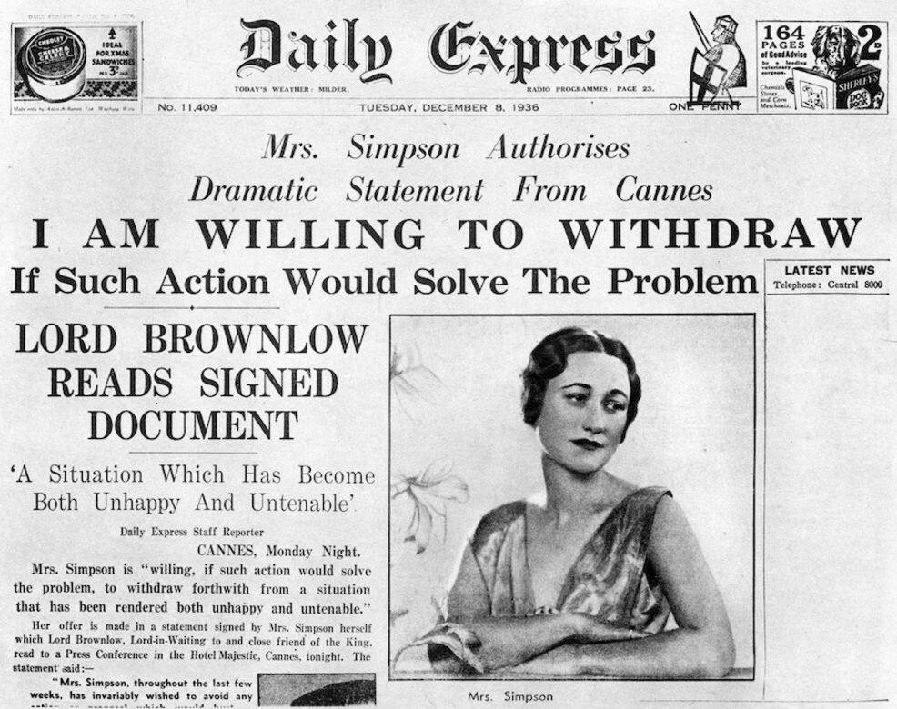 1936年12月8日的報章「Daily Express」頭版刊登出美國名流Wallis Simpson與愛德華八世（後來