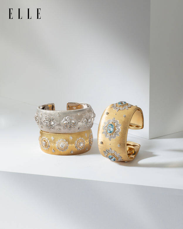 左上：Opera高級珠寶系列鑽石白金手鐲 左下：鑽石黃金白金手鐲 右：海藍寶、鑽