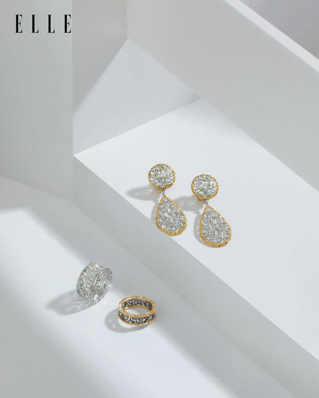 左至右： Ramage鑽石白金指環 Ramage鑽石黑金黃金指環 Ramage鑽石黃金白金吊墜耳環