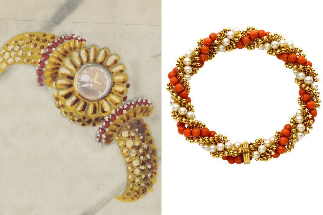 左:Couscous 腕錶設計草圖,1949年,Van Cleef & Arpels 梵克雅寶典藏 右:Twist 手鏈,1964年,Van Cleef & Arpels 梵克 左:Couscous 腕錶設計草圖,1949年,Van Cleef & Arpels 梵克雅寶典藏 右:Twist 手鏈,1964年,Van Cleef & Arpels 梵克