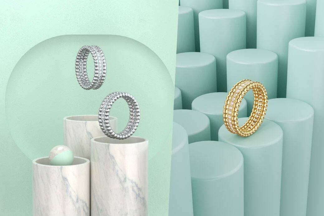 流光曳彩的Perlée diamonds 將鑽石與黃K金、玫瑰金及白K 金作交融,可成雙或三 流光曳彩的Perlée diamonds 將鑽石與黃K金、玫瑰金及白K 金作交融,可成雙或三