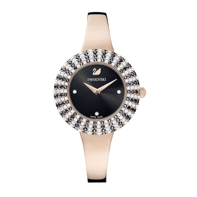 Swarovski整枚鑲滿黑白水晶的Swarovski玫瑰金色腕錶，尤其突顯女性的嫵媚魅力及個