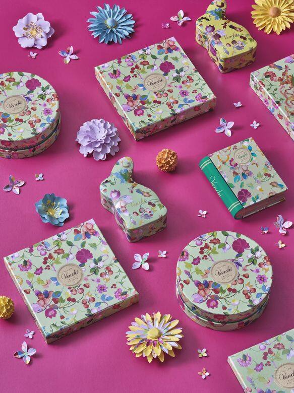 而春日系列限量的巧克力禮盒包裝設計採用鮮豔的花朵和不同形狀的