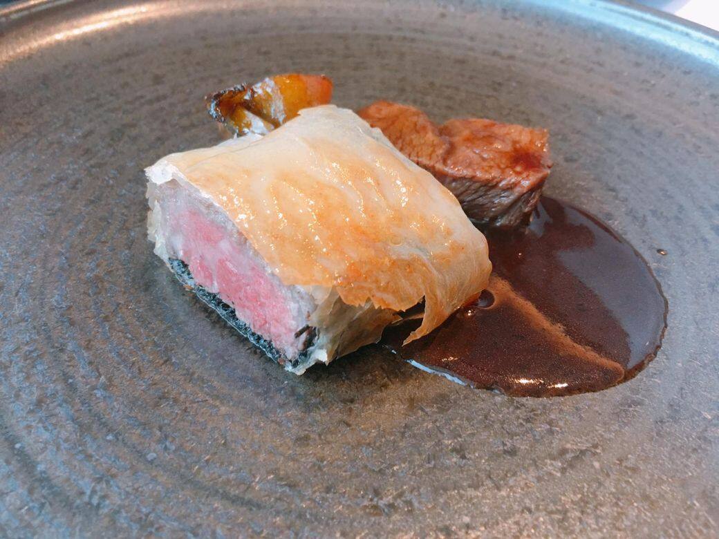 Miyazaki Wagyu Tenderloin Lard Seaweed Roll with Port Wine Sauce Miyazaki Wagyu Tenderloin Lard Seaweed Roll with Port Wine Sauce