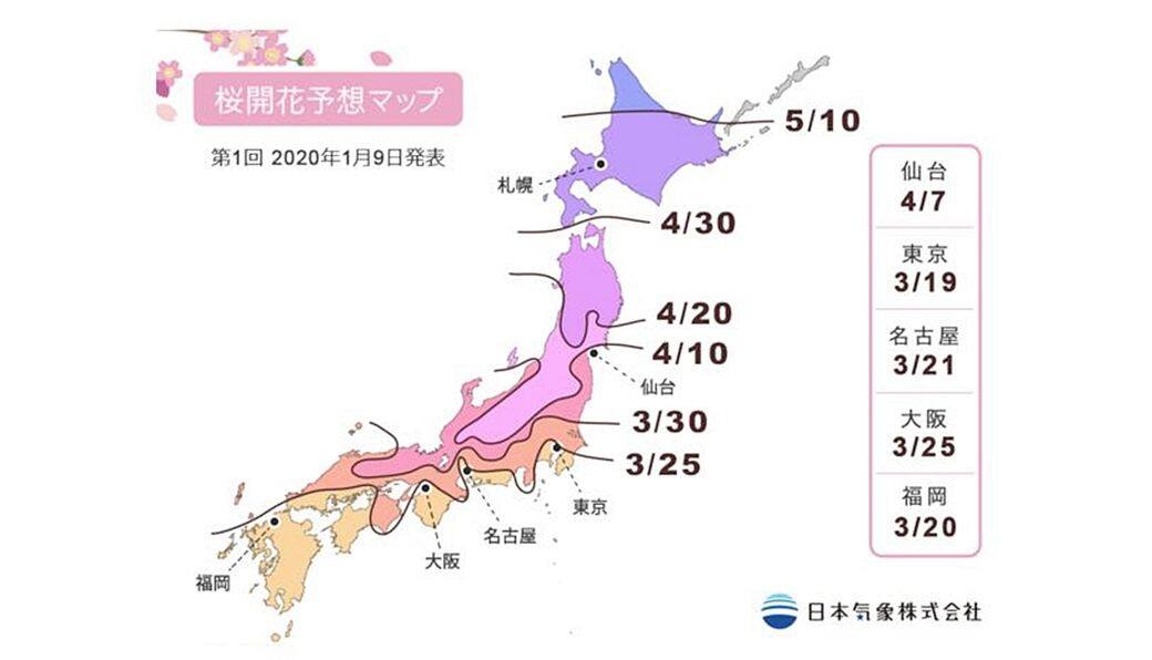日本氣象株式會社於1月9日公布了2020年櫻花花開予想第一回 日本氣象株式會社於1月9日公布了2020年櫻花花開予想第一回
