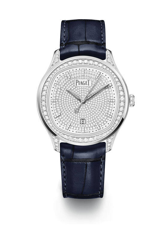 Piaget Polo Date 36mm鑽石18K白金腕錶閃爍動人的錶面來自錶盤時標鑲有352顆