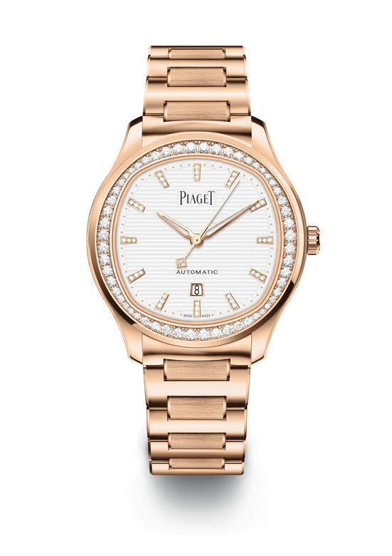 Piaget Polo Date 36mm鑽石18K玫瑰金腕錶簡約貴氣的玫瑰金錶身，時標鑲飾36顆