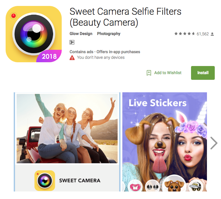 下載次數：6萬同樣是自拍App，Sweet Camera的功能比較多元化，只是stickers的變化及可