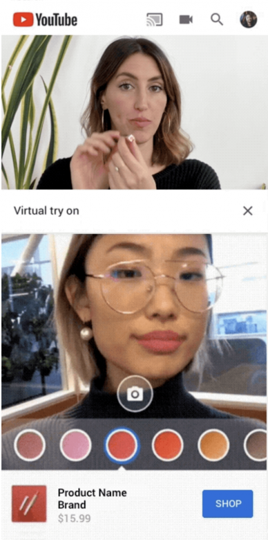 ModiFace去年亦跟YouTube合作推出AR化妝功能，試用AR功能時畫面會上下分成兩部