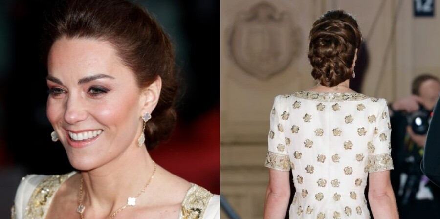 編髮造型也是凱特王妃出席晚宴活動的常見的髮型，盤起華麗的編髮包