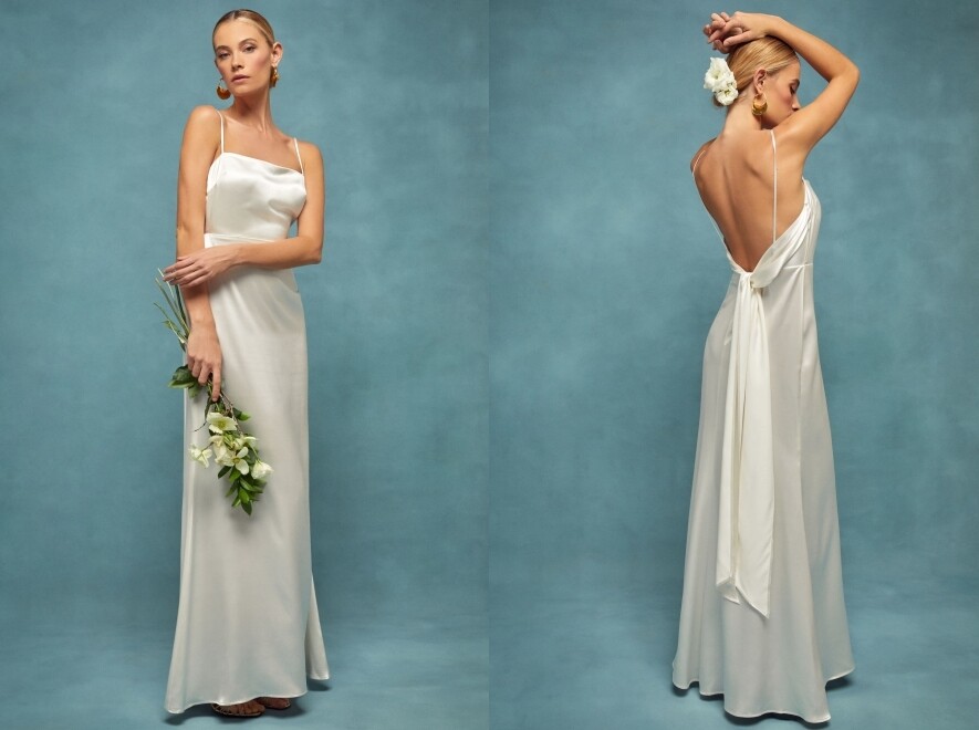 除了雪紡材質，絲質緞面婚紗也是大熱之選，光滑亮麗的材質令婚紗散發