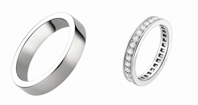 一對新人的戒指來自該品牌的Marry Me系列，陳凱琳的為左邊的鉑金鑲鑽款