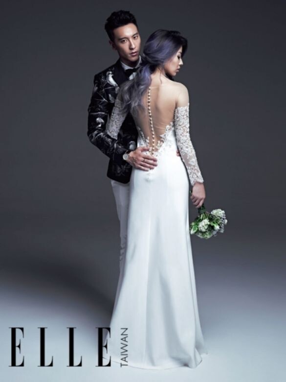 蔡詩芸與王陽明拍攝ELLE Wedding 2015秋冬號的婚紗造型，蔡詩芸穿喱士刺繡裸背