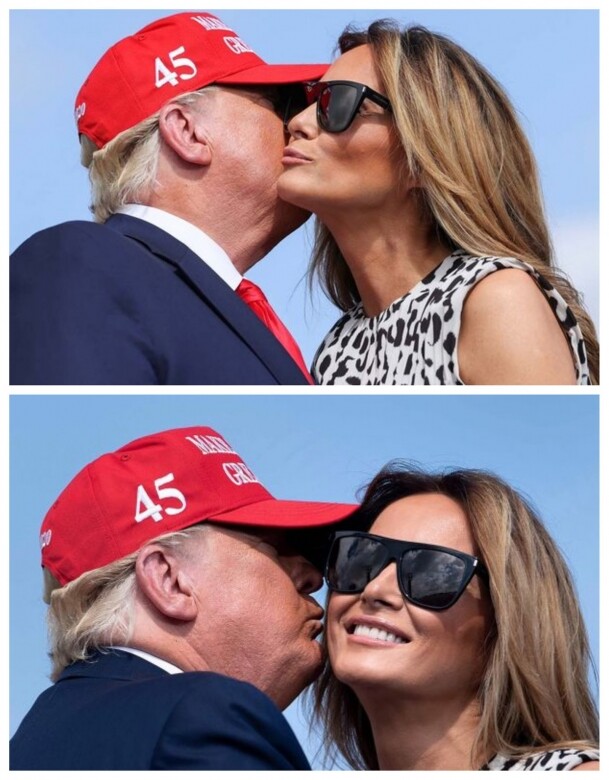 如早前Melania與特朗普出席公開活動時，親吻另一半的面頰以示支持，但有網