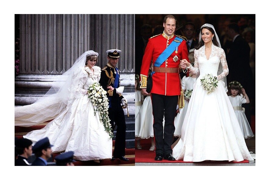 戴安娜王妃：1981年戴安娜王妃和查理斯王子的婚禮。凱特王妃：2011年凱特王