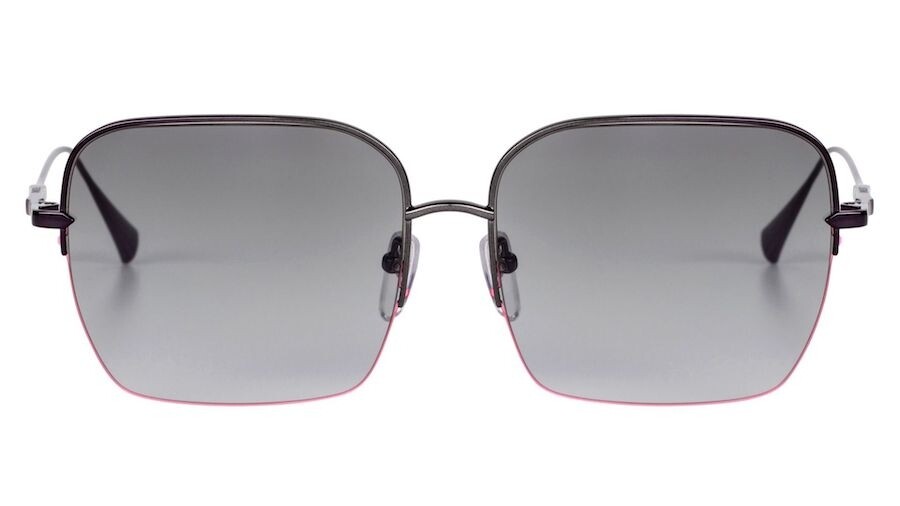 這款方形半框太陽眼鏡「Apple」以灰色金屬鏡框、深紫色鏡腿搭配灰色漸變鏡